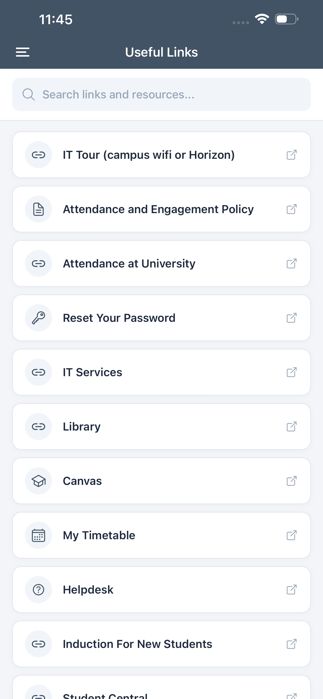 Screenshot of the MYQMU app useful links page
