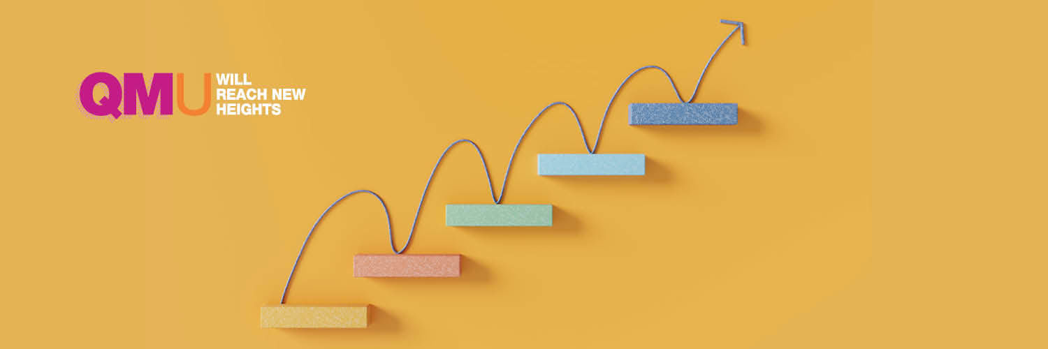 Image with blocks and an arrow representing climbing with words on the image - 'QMU will reach new heights'