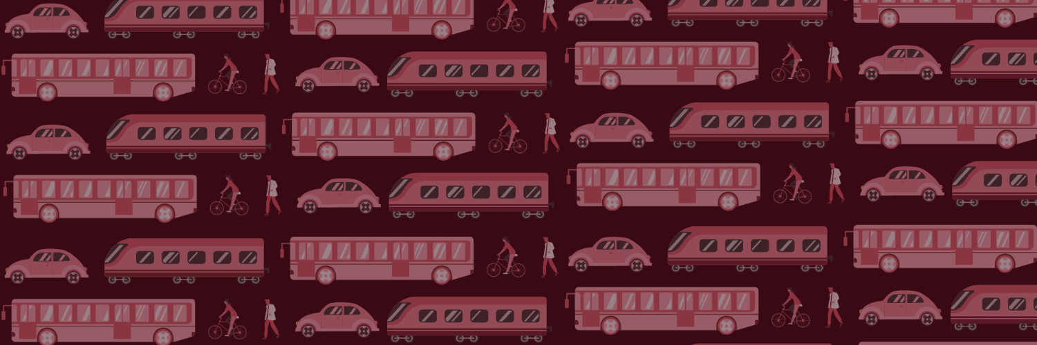 A repeating red graphic of buses, cars, trains, cyclists, and people walking.