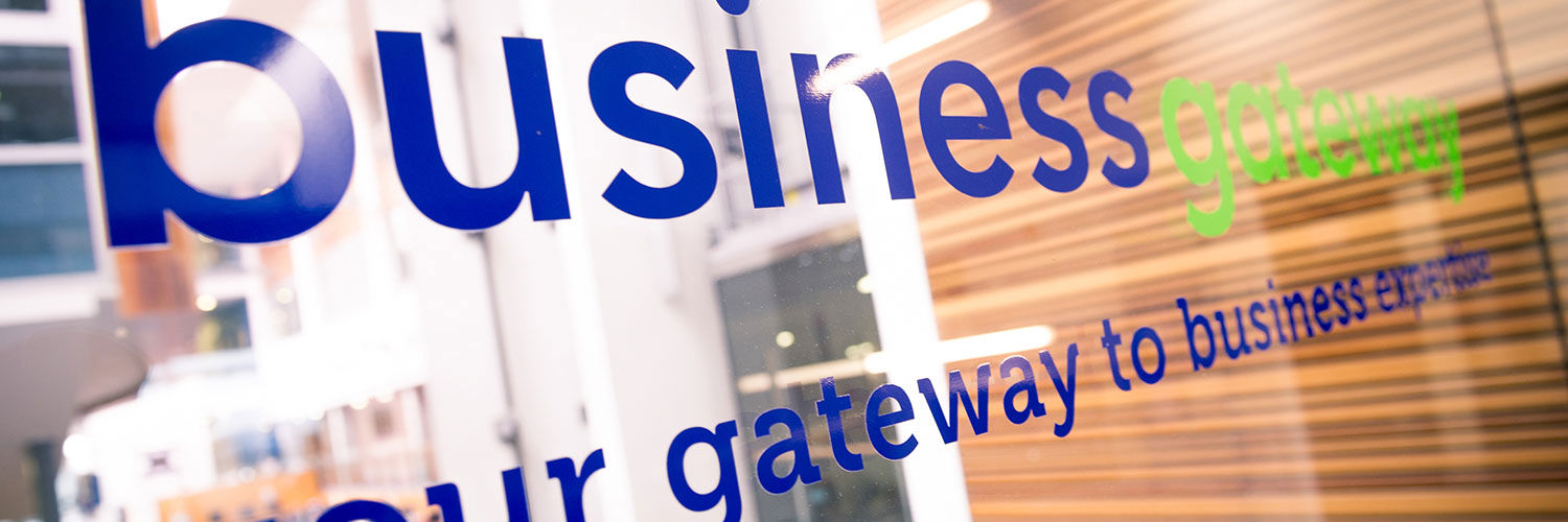 The Business Gateway logo emblazoned on a glass wall.