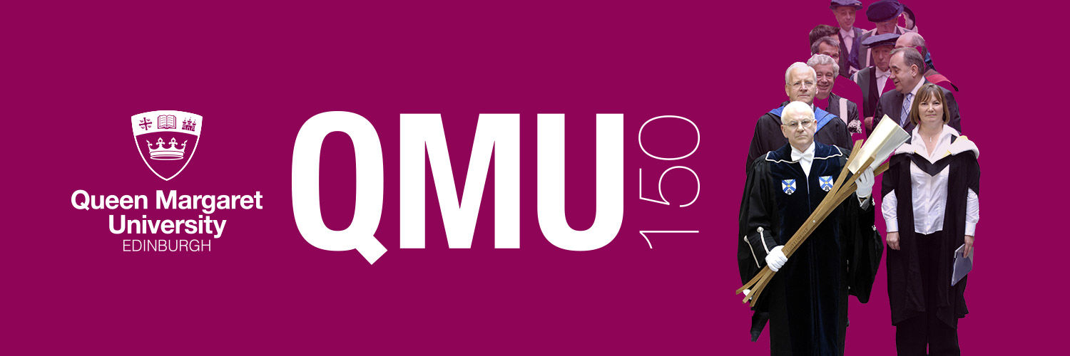 A standard banner with the QMU Logo and the text "QMU150" alongside a group of people in procession, one holding the university mace.