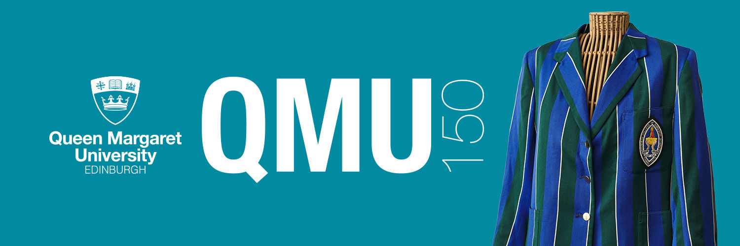 A standard banner with the QMU Logo and the text "QMU150" alongside a mannequin wearing the QMU blazer.