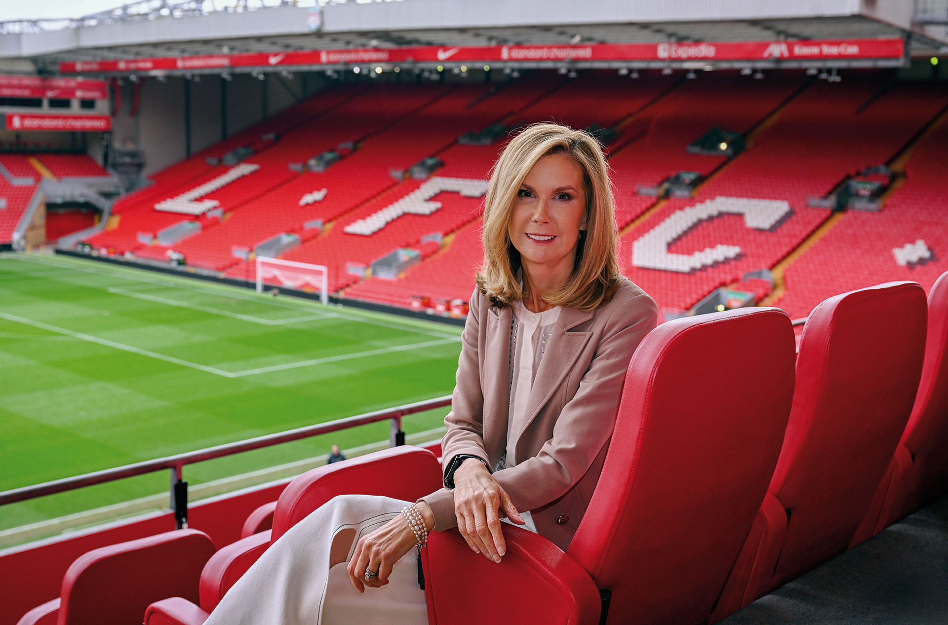 Photo of Susan Black, Director of Communications, Liverpool FC, sitting in the stadium