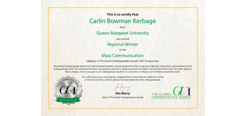 Carlin Bowman Kerbage's award certificate for dissertation