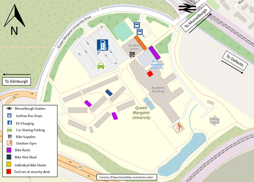 A map of the QMU campus with a key indicating local amenities, including car parking and cycle facilities.