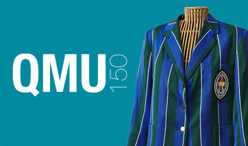 A standard banner with the QMU Logo and the text "QMU150" alongside a mannequin wearing the QMU blazer.