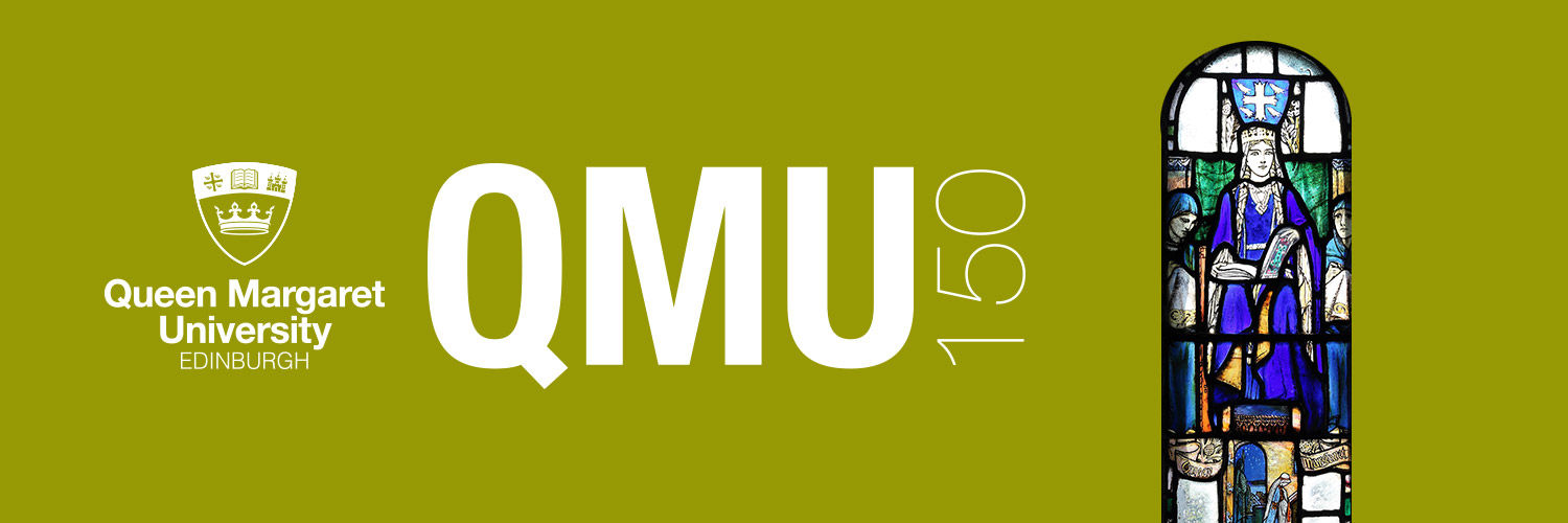 A standard banner with the QMU Logo and the text "QMU150" alongside a stained glass window.