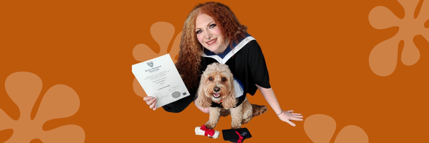 Student Yvonne Kavanagh posing with her therapet, a small poodle dog.