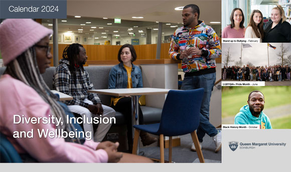 A collage of images from the 2024 QMU Diversity, Inclusion and Wellbeing calendar. It features different images of students on campus and at events.