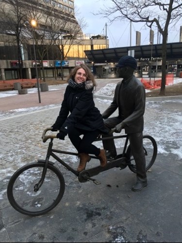 Image of Hazel on statue bike