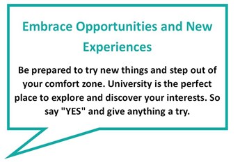 Blue speech bubble stating "Embrace opportunities and new experiences"