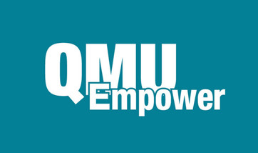 A white QMUEmpower logo over a light teal background