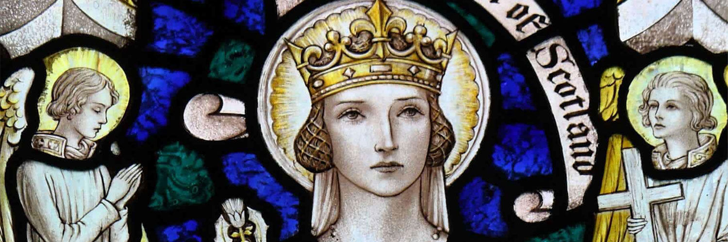 A stained glass motif depicting Queen Margaret. The tapestry text above her reads "Saint Margaret of Scotland".