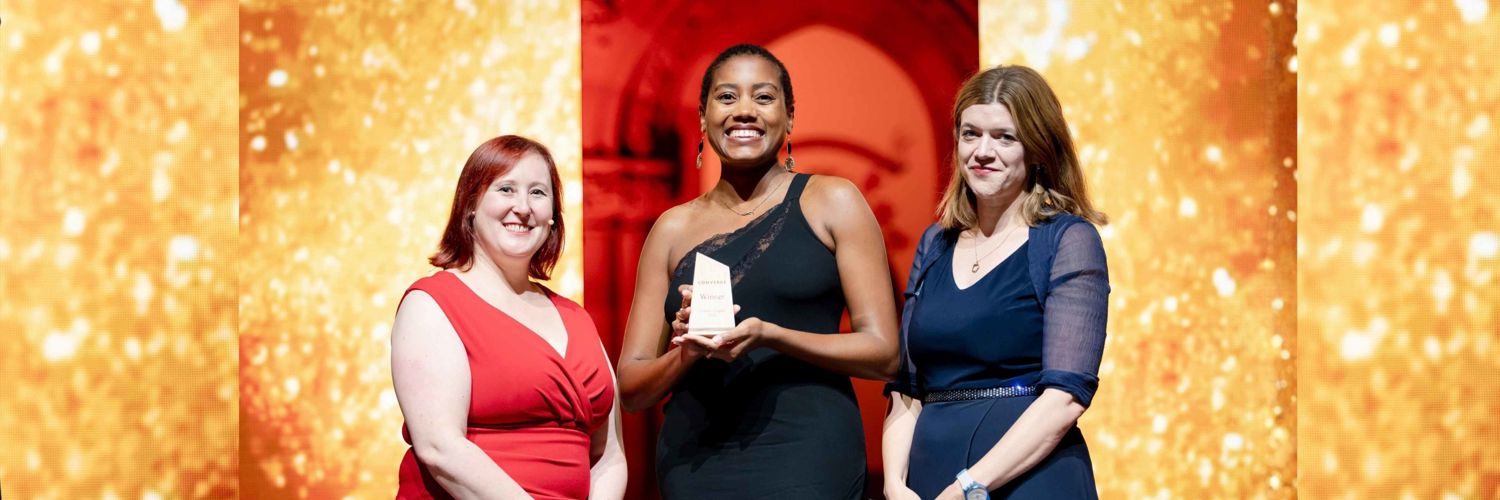 Aisha receiving her award from Professor Lois Fitch (Deputy Principal of the Royal Conservatoire of Scotland and Dr Lissa Herron (Deputy Director and Head of Enterprise at Converge at the Converge Awards 2026