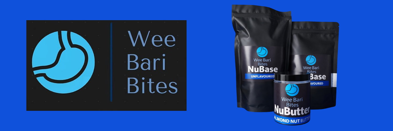 WeeBariBites Logo and two powder sachets and one circular tub