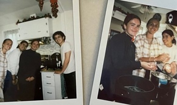 Two polaroid photos of a group of young women cooking together