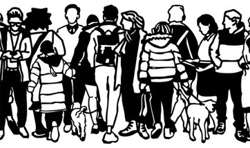 A black and white linocut-style cutout of a group of people.
