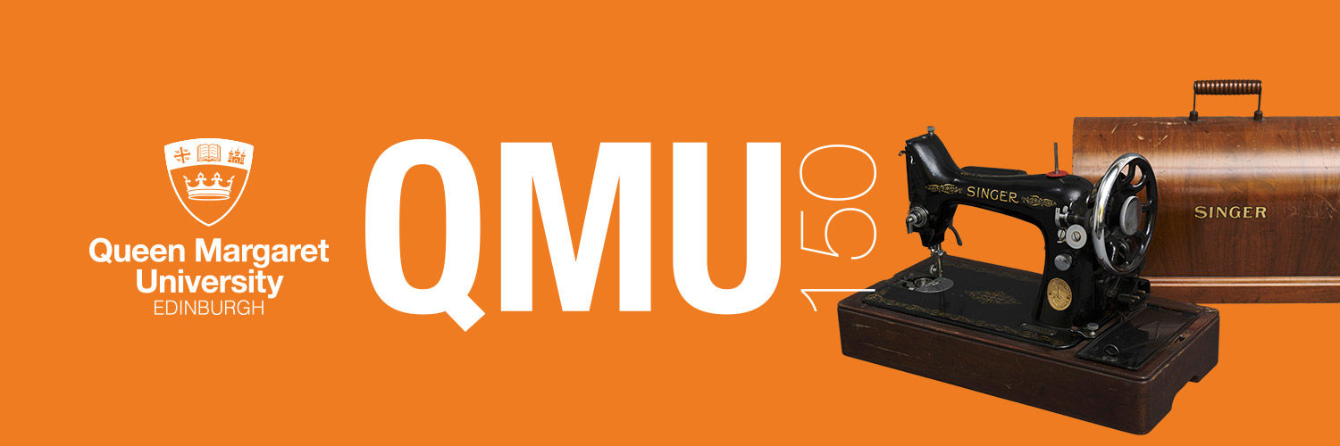 A standard banner with the QMU Logo and the text "QMU150" alongside a vintage Singer sewing machine.