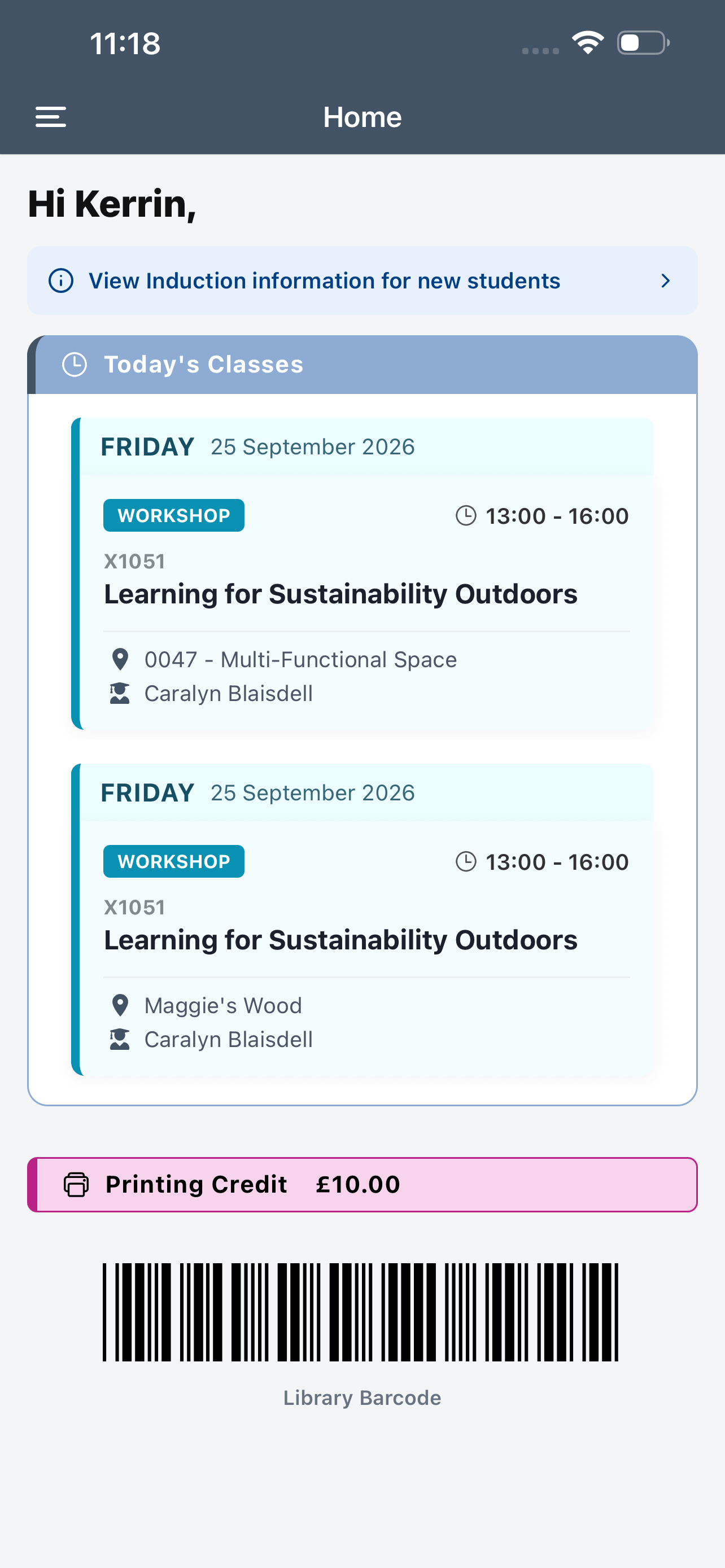 Screenshot of the MYQMU app home page