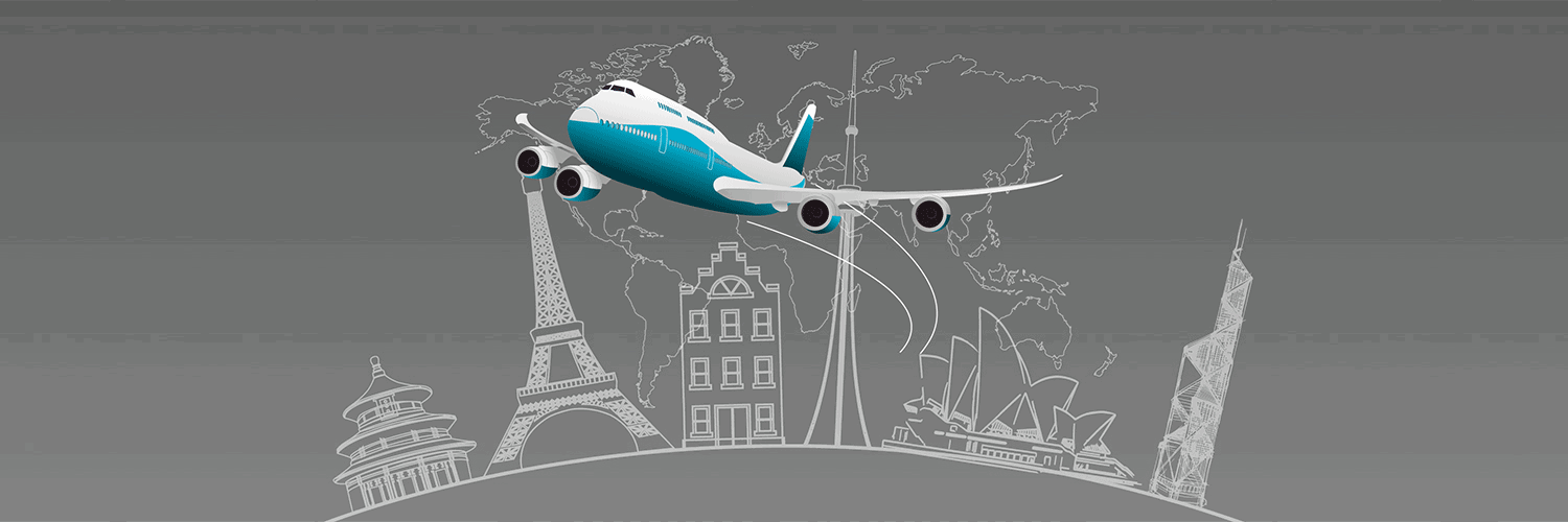 Aeroplane flying between drawings of famous world landmarks
