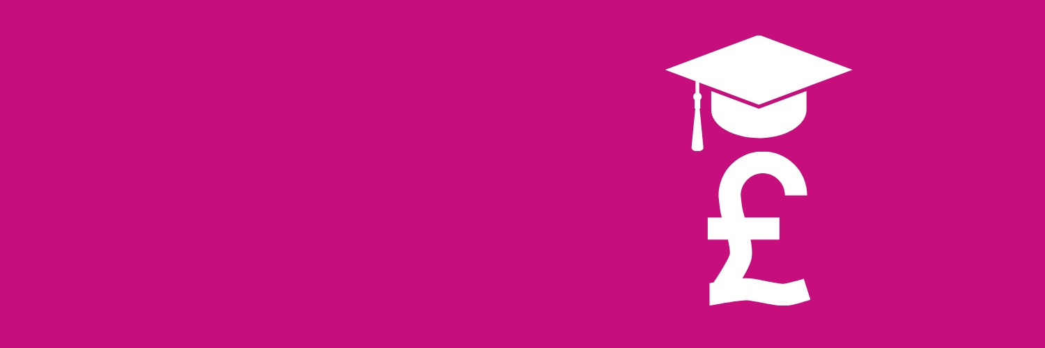 Iconography of a Sterling Pound symbol with a mortarboard atop it in white, on a bright pink background.