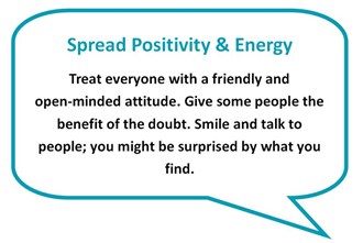 Blue speech bubble stating "Spread positivity & energy"