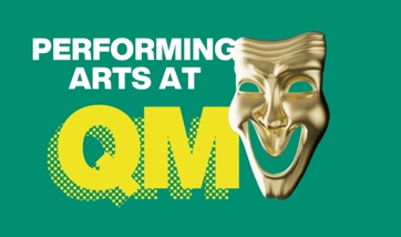 A green banner reading "Performing Arts at QMU" with a gold laughing Oscar statue face.