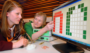 A student & Lecturer with probes in their mouths looking at a screen covered in coloured squares