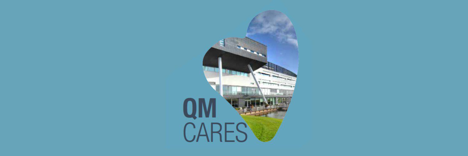 QMUCares Logo including a photo of QMU campus in the shape of a heart