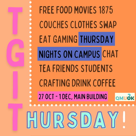 TGIThursday event graphic- free food, movies, clothes swaps