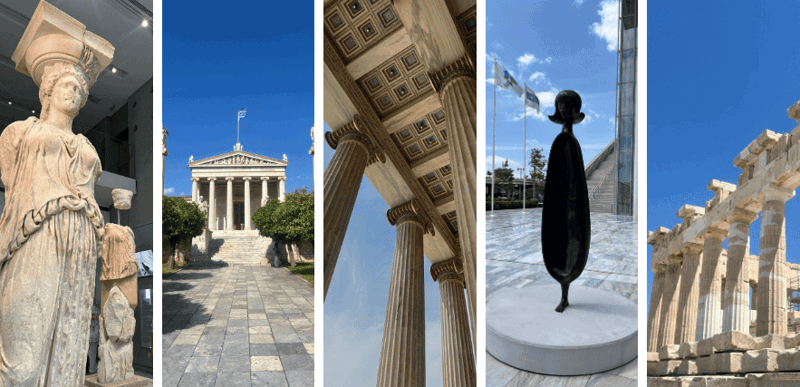 A collage of five photographs, all depicting various styles of Greek columns, statues and architecture.