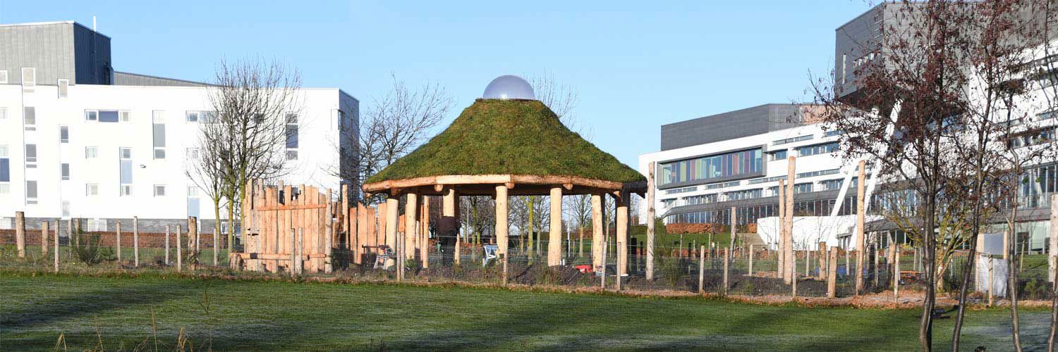 A thatched roof with a plastic dome in the centre sits atop a wooden structure.