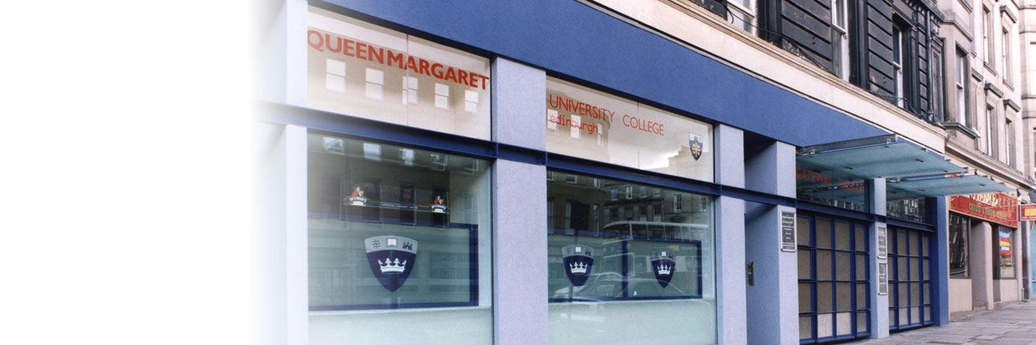 The Gateway Theatre with QMU logos on the windows