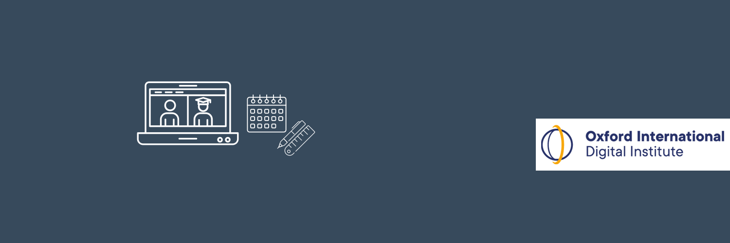Iconography of a laptop with two people using the video chat feature, alongside a calendar and a pen and ruler. The Oxford International Digital Institute Logo sits to the right of the image.