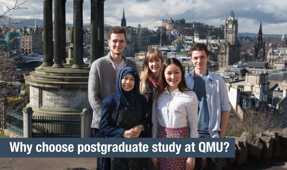 A group of QMU students in Edinburgh with backdrop of Edinburgh Castle