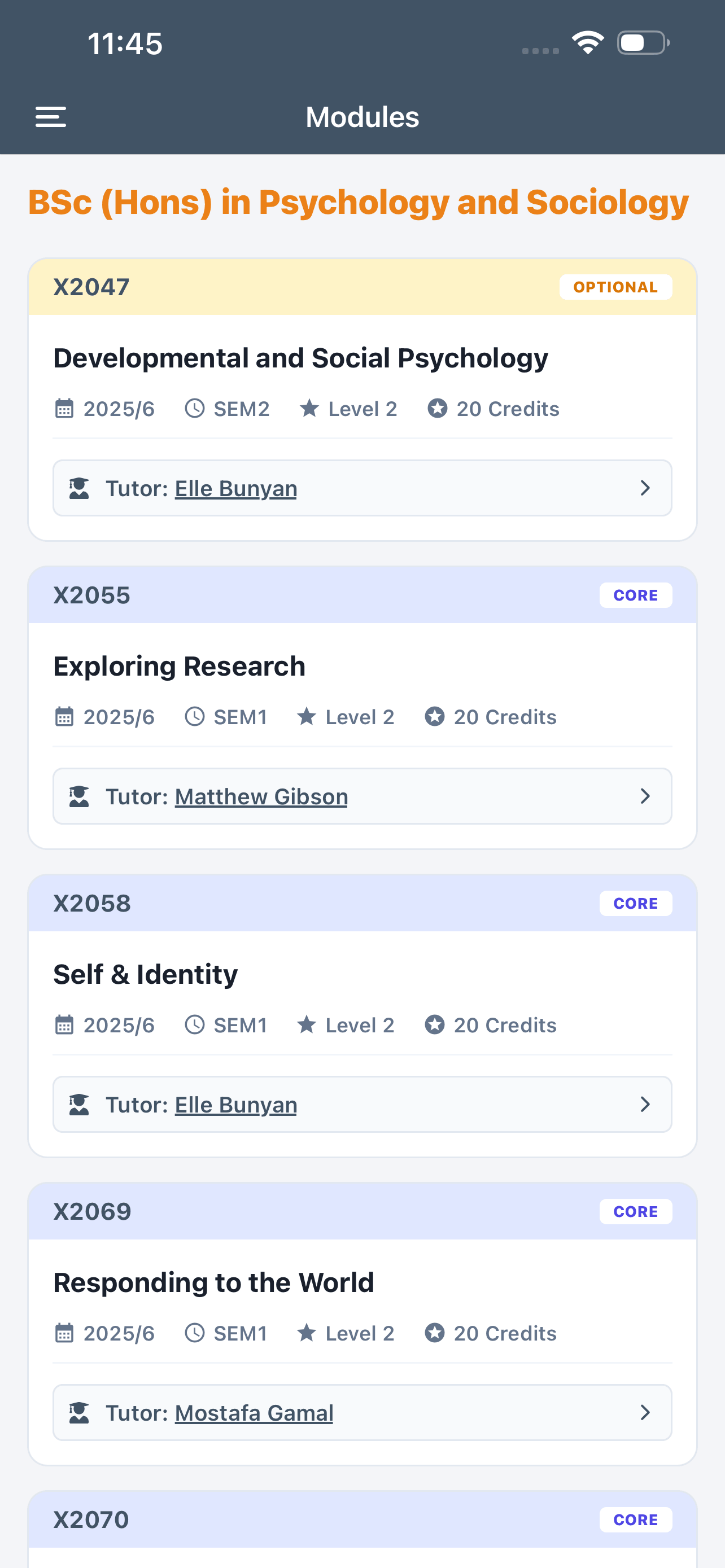 Screenshot of the MYQMU app modules page