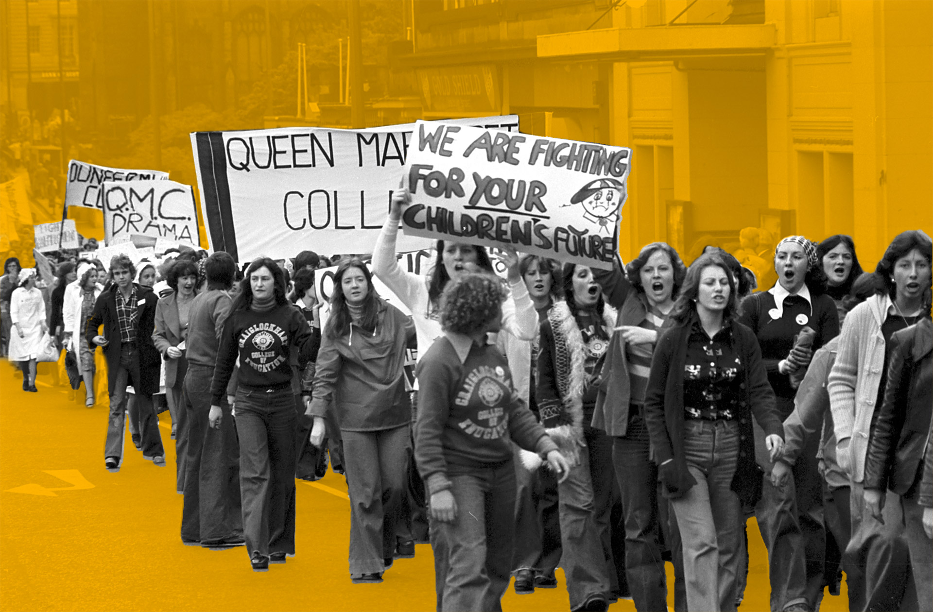 cut out black and white photo of QMC students demonstrating against educational cuts in the 1970's