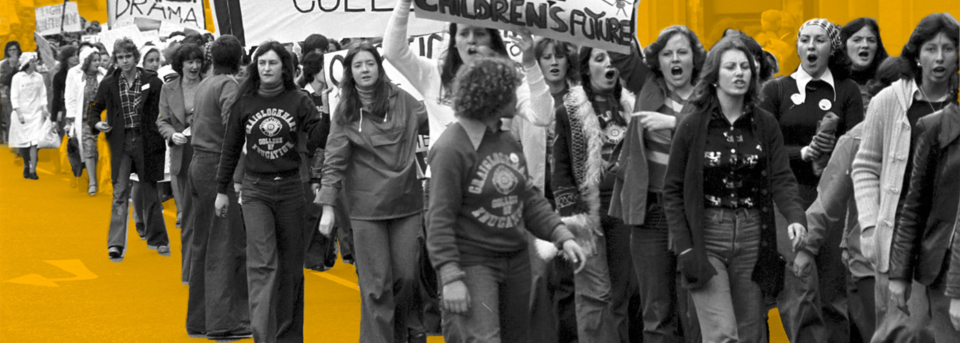 cut out black and white photo of QMC students demonstrating against educational cuts in the 1970's