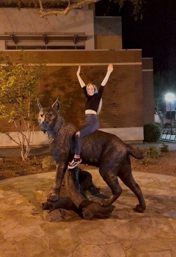 Image of individual sitting on the wildcat mascot