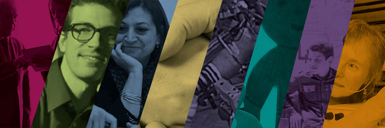 A collage of eight slices of different photographs of individual people, each slice is masked with a different colour gradient.