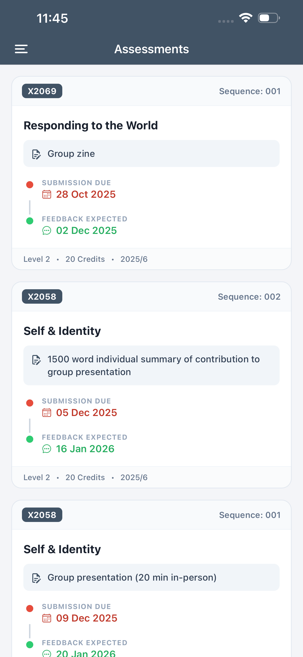 Screenshot of the MYQMU app assessments page