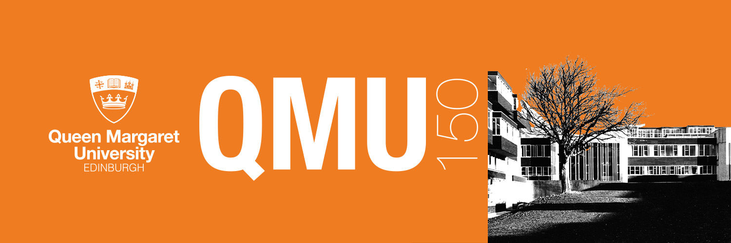A standard banner with the QMU Logo and the text "QMU150" alongside a stylised photo of the former Corstorphine QMU campus.