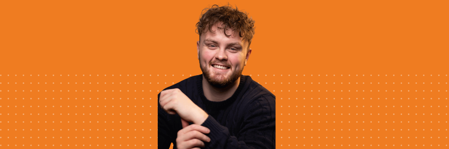 Headshot of student Luis Mutch over an orange background 