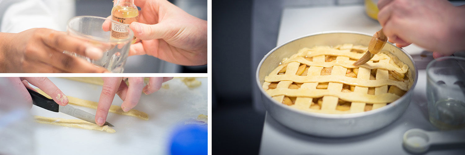 A photo collage of a QMU Nutrition student going through the stages of making a pie