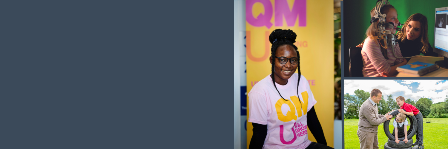 3 combined images - smiling student wearing T shirt, image of a girl with a child using speech therapy equipment, image of a teacher with two children playing outside on a tyre
