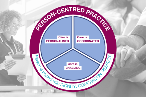 The person-centred care model is shown using a pie-chart in pink and blue, against a background depicting nurses working.