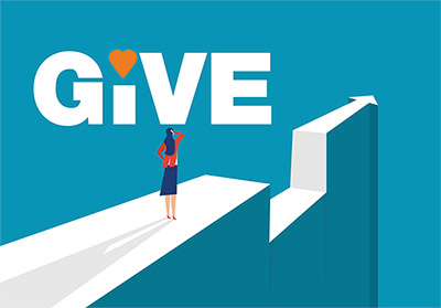Illustration of woman standing in front of the word GIVE