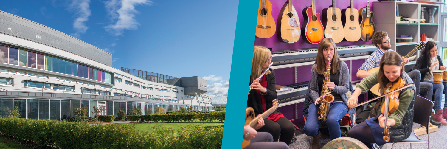 An image showing Queen Margaret University's main academic building and an MSc Music Therapy class.
