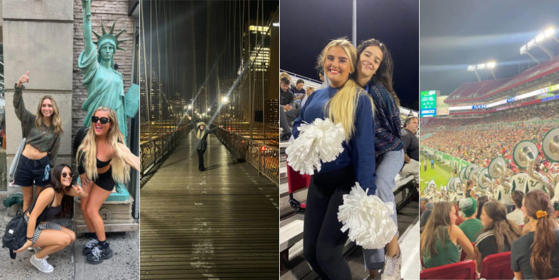A collage of four photos: three women posing with a miniature statue of liberty; a dark boardwalk at night; two women, one is holding cheerleading pompoms in her hands; and the crowd at a busy college sports event.