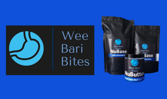 WeeBariBites Logo and two powder sachets and one circular tub
